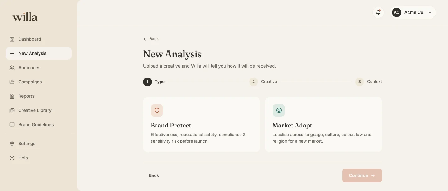 The New Analysis screen: choose Brand Protect or Market Adapt to start
